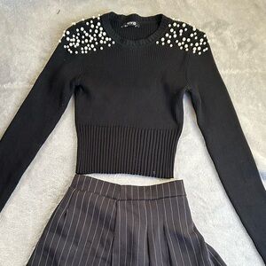 Elegant Black Pearl-Embellished Sweater Top